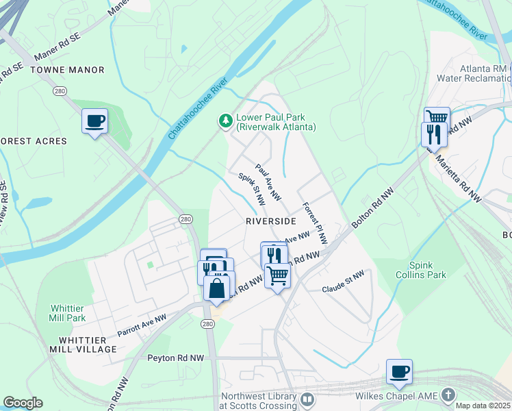 map of restaurants, bars, coffee shops, grocery stores, and more near 2179 Main Street Northwest in Atlanta
