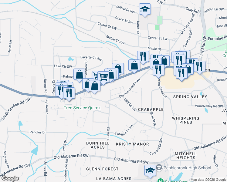 map of restaurants, bars, coffee shops, grocery stores, and more near 1140 Old Bankhead Highway in Mableton