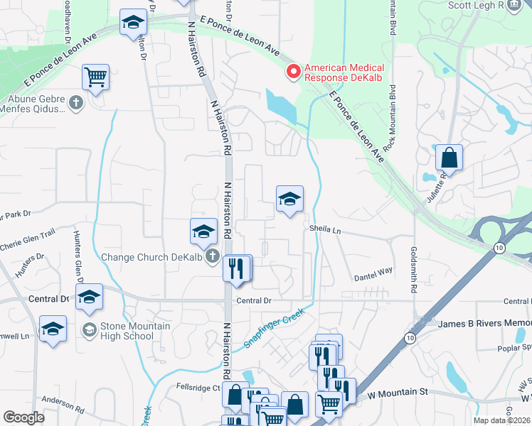 map of restaurants, bars, coffee shops, grocery stores, and more near 31 Chatfield Drive in Stone Mountain