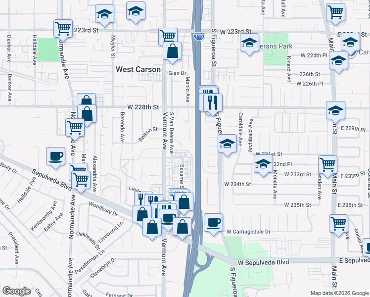 map of restaurants, bars, coffee shops, grocery stores, and more near 23038 Kaywood Drive in Torrance