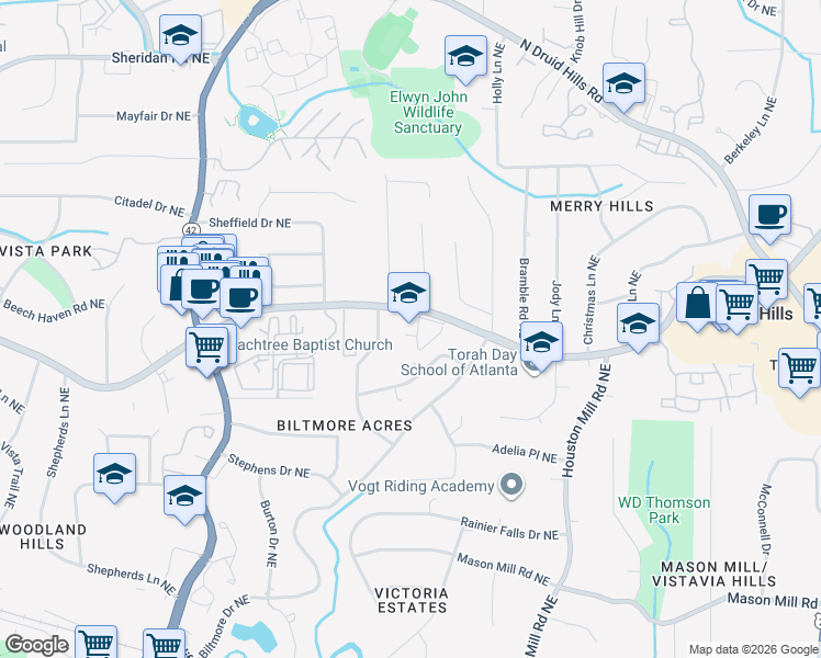 map of restaurants, bars, coffee shops, grocery stores, and more near 1839 Lavista Road in Atlanta