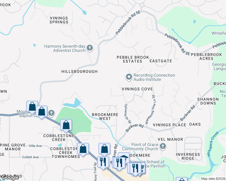 map of restaurants, bars, coffee shops, grocery stores, and more near 761 Sylvania Trail Southeast in Mableton
