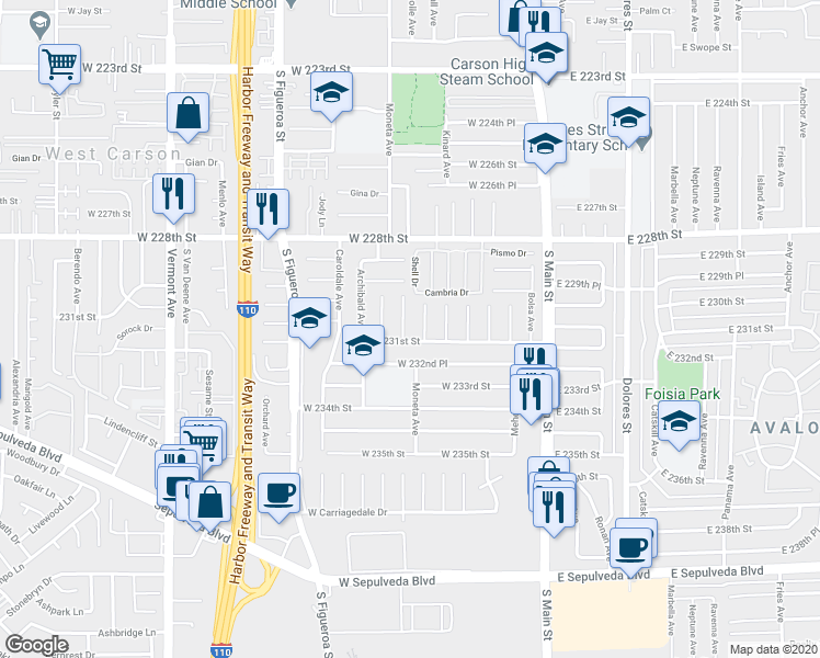 map of restaurants, bars, coffee shops, grocery stores, and more near 23044 Moneta Avenue in Carson