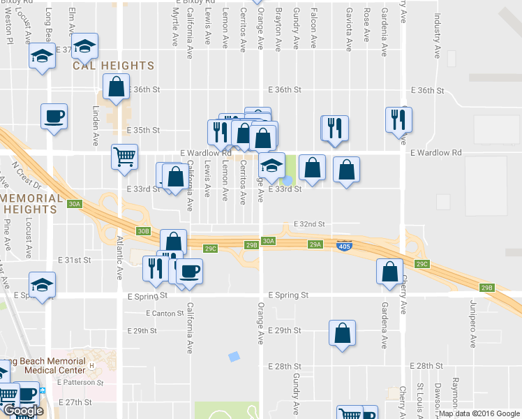 map of restaurants, bars, coffee shops, grocery stores, and more near 3237 Orange Avenue in Signal Hill