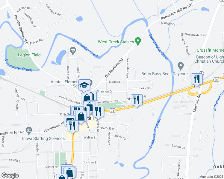 map of restaurants, bars, coffee shops, grocery stores, and more near 2628 Shannon Drive in Austell