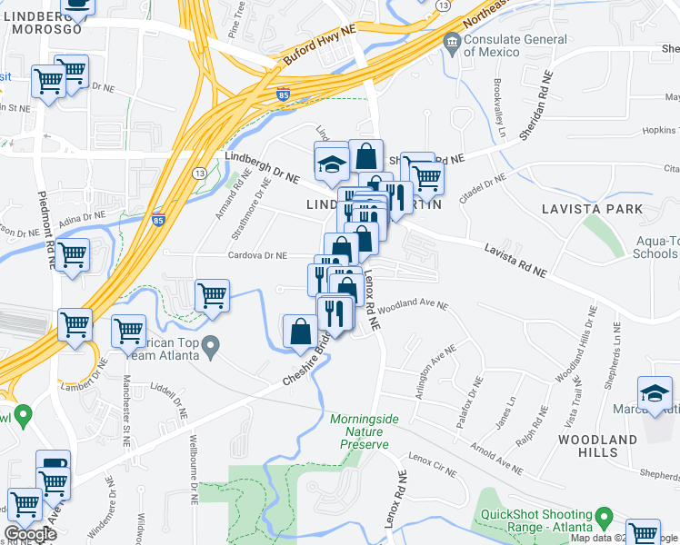 map of restaurants, bars, coffee shops, grocery stores, and more near 2221 Melante Drive Northeast in Atlanta