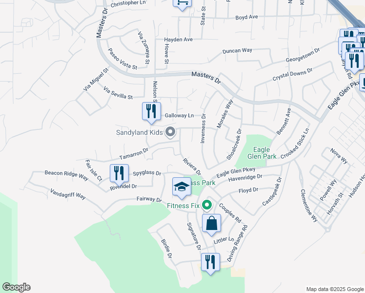 map of restaurants, bars, coffee shops, grocery stores, and more near 4175 Riviera Drive in Corona
