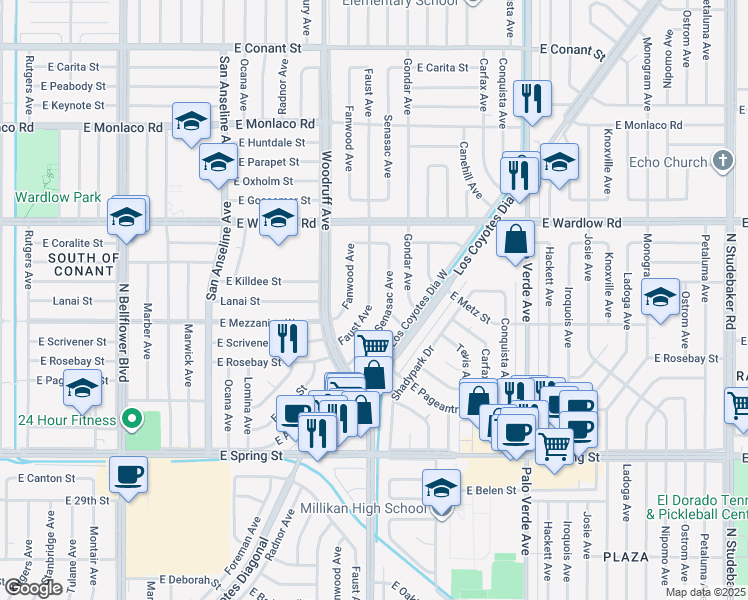map of restaurants, bars, coffee shops, grocery stores, and more near 3226 Faust Avenue in Long Beach