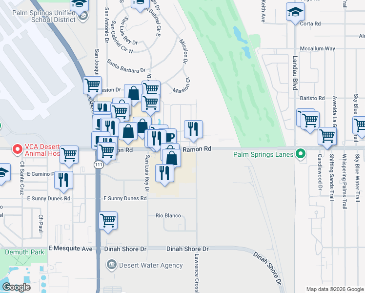 map of restaurants, bars, coffee shops, grocery stores, and more near 67430 Ramon Road in Cathedral City