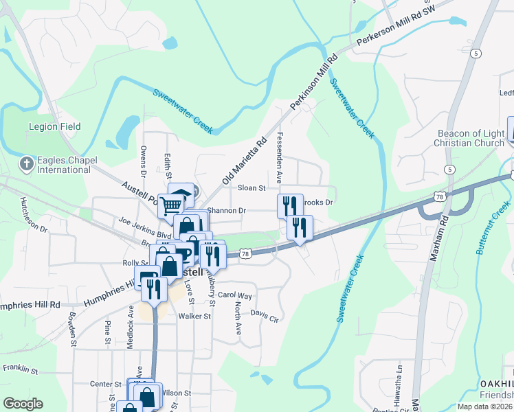 map of restaurants, bars, coffee shops, grocery stores, and more near 2606 Shannon Drive in Austell