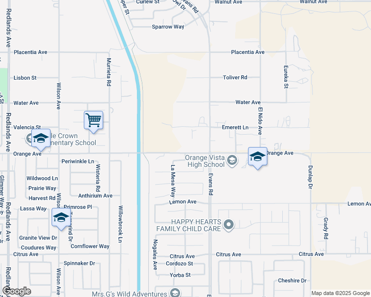 map of restaurants, bars, coffee shops, grocery stores, and more near 26400 Orange Avenue in Perris