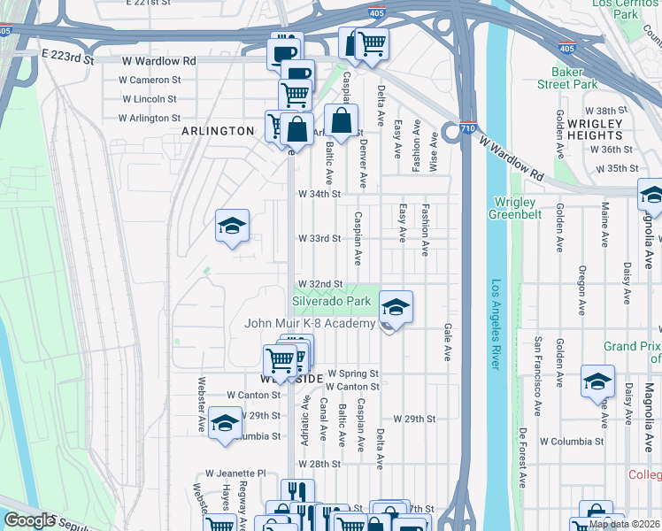map of restaurants, bars, coffee shops, grocery stores, and more near 3235 Baltic Avenue in Long Beach