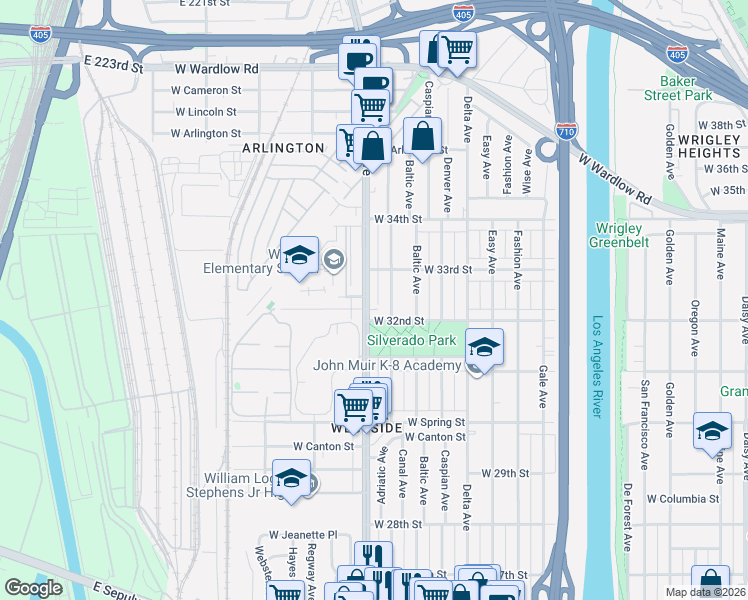map of restaurants, bars, coffee shops, grocery stores, and more near 3230 Santa Fe Avenue in Long Beach