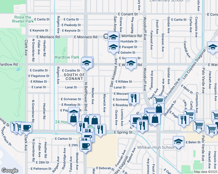map of restaurants, bars, coffee shops, grocery stores, and more near 3225 San Anseline Avenue in Long Beach
