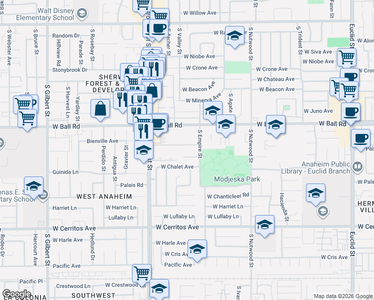 map of restaurants, bars, coffee shops, grocery stores, and more near 2111 West Grace Court in Anaheim