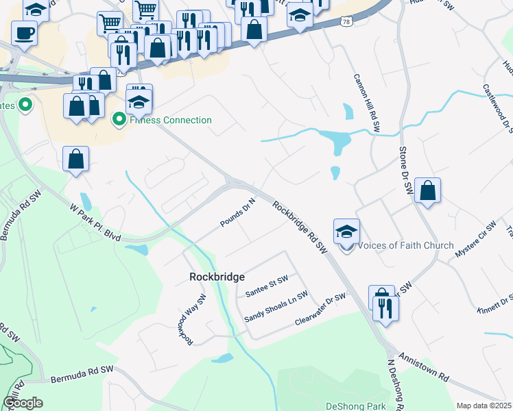 map of restaurants, bars, coffee shops, grocery stores, and more near 5214 Pounds Drive North in Stone Mountain