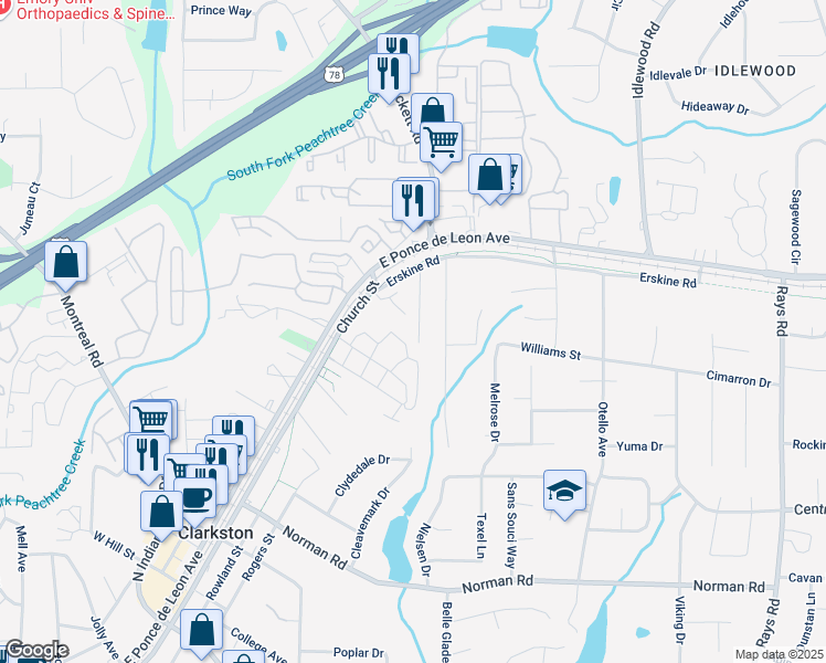 map of restaurants, bars, coffee shops, grocery stores, and more near 1241 Pounds Lane in Clarkston