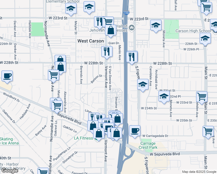 map of restaurants, bars, coffee shops, grocery stores, and more near 23038 South Vermont Avenue in Torrance