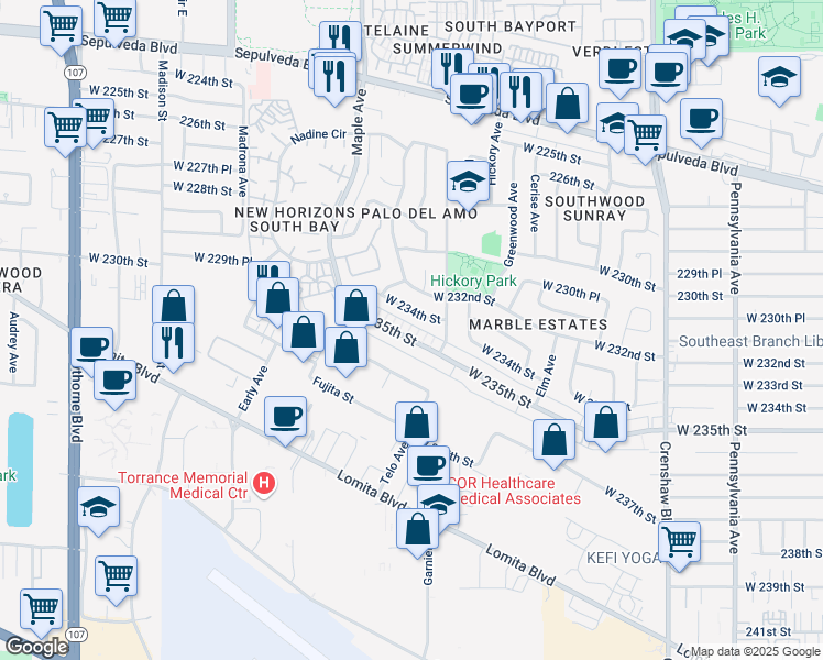 map of restaurants, bars, coffee shops, grocery stores, and more near 2887 West 235th Street in Torrance