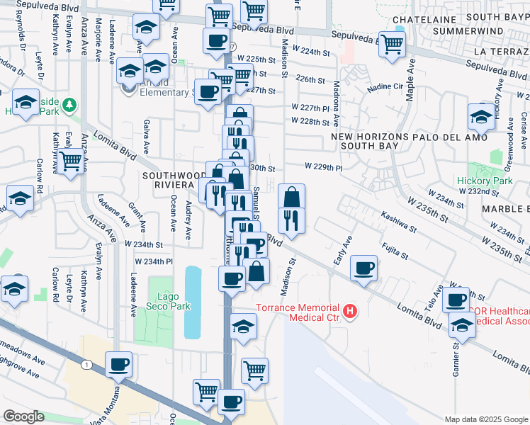map of restaurants, bars, coffee shops, grocery stores, and more near 23136 Samuel Street in Torrance