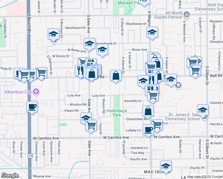 map of restaurants, bars, coffee shops, grocery stores, and more near 1276 South Macduff Street in Anaheim