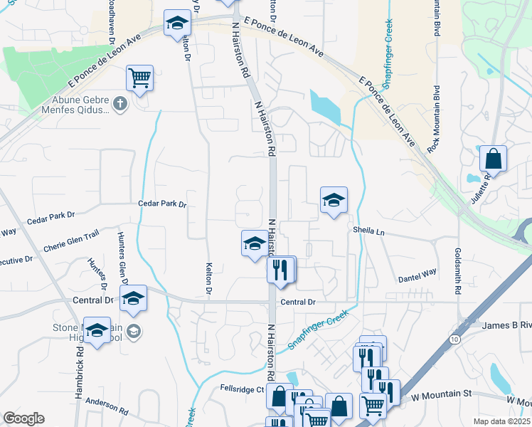 map of restaurants, bars, coffee shops, grocery stores, and more near 1299 Old Countryside Circle in Stone Mountain