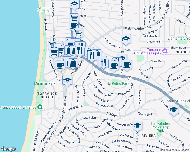 map of restaurants, bars, coffee shops, grocery stores, and more near 139 Paseo De Gracia in Redondo Beach