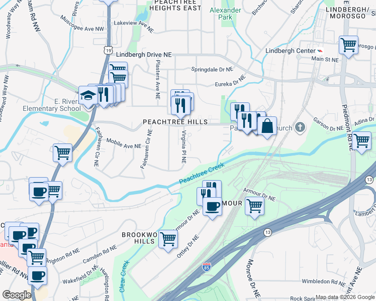 map of restaurants, bars, coffee shops, grocery stores, and more near 2235 Virginia Place Northeast in Atlanta