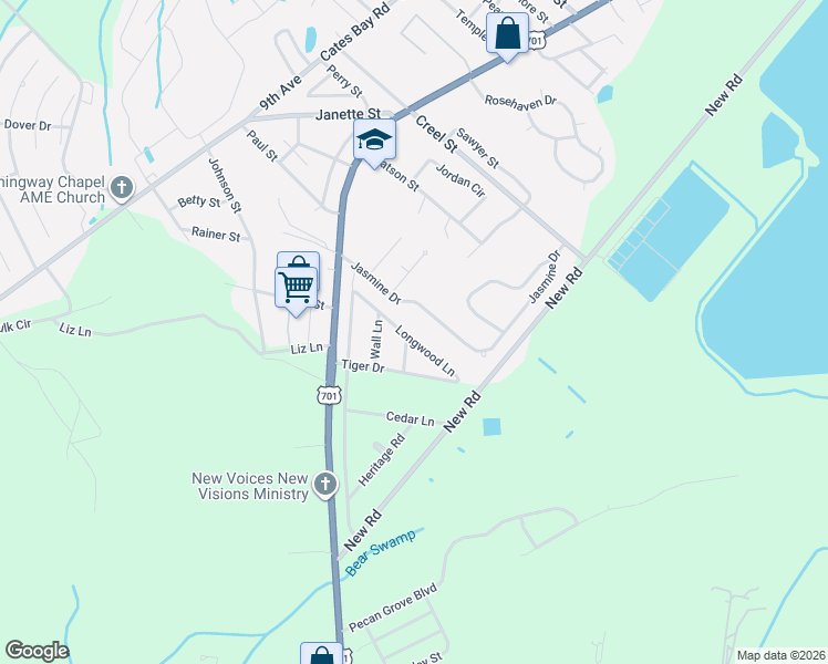 map of restaurants, bars, coffee shops, grocery stores, and more near 203 Longwood Lane in Conway