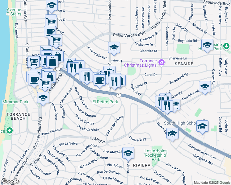 map of restaurants, bars, coffee shops, grocery stores, and more near 1920 South Pacific Coast Highway in Redondo Beach