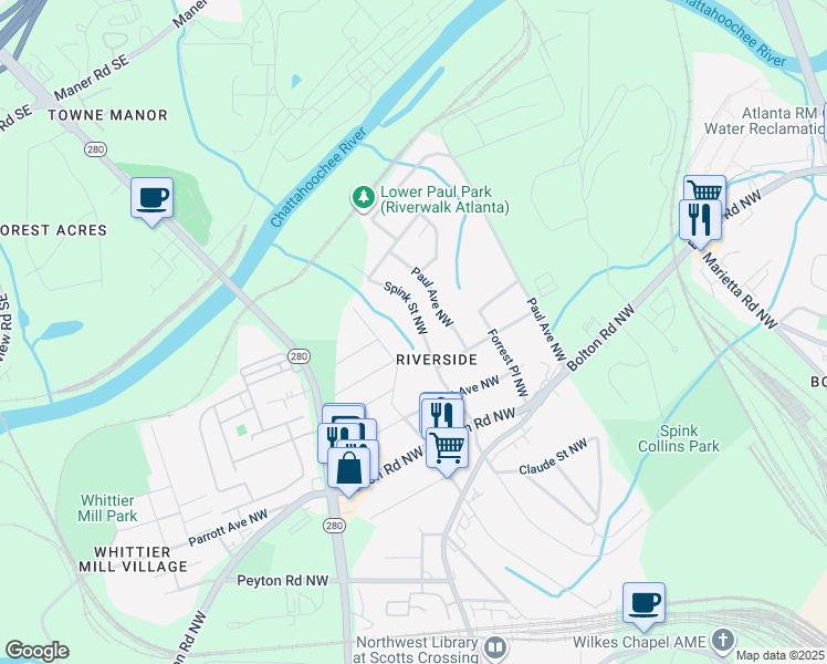 map of restaurants, bars, coffee shops, grocery stores, and more near 2179 Main Street Northwest in Atlanta