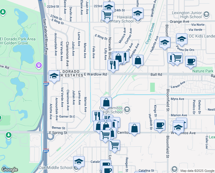 map of restaurants, bars, coffee shops, grocery stores, and more near 3260 Lilly Avenue in Long Beach