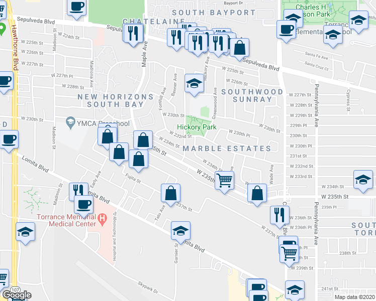 map of restaurants, bars, coffee shops, grocery stores, and more near 23408 Juniper Ave in Torrance