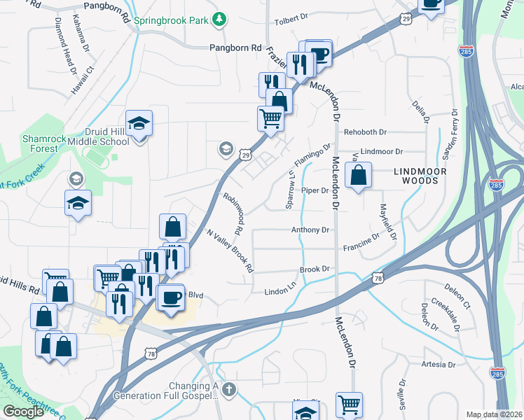 map of restaurants, bars, coffee shops, grocery stores, and more near 3017 Flamingo Drive in Decatur
