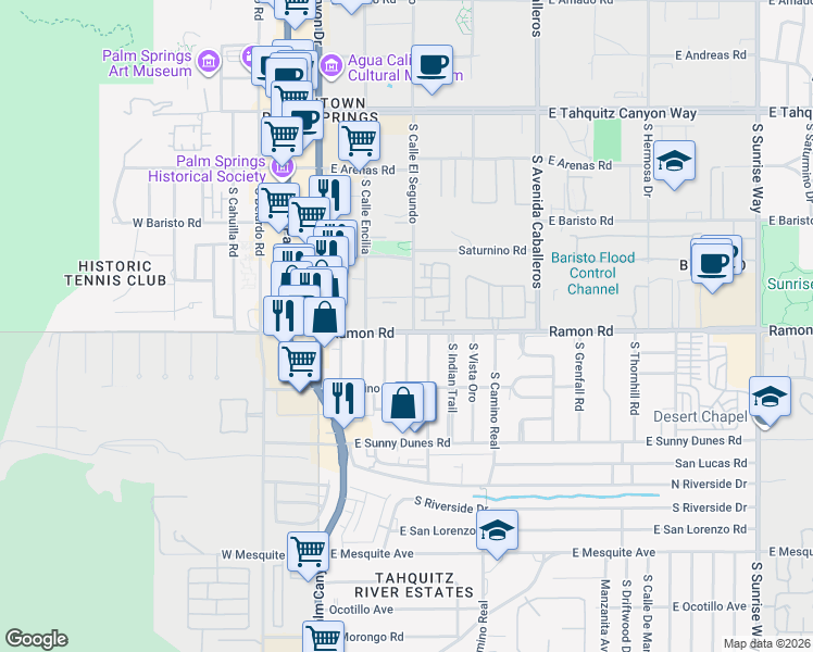 map of restaurants, bars, coffee shops, grocery stores, and more near 467 South Calle El Segundo in Palm Springs
