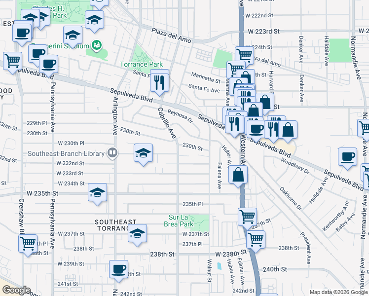map of restaurants, bars, coffee shops, grocery stores, and more near 1964 230th Street in Torrance