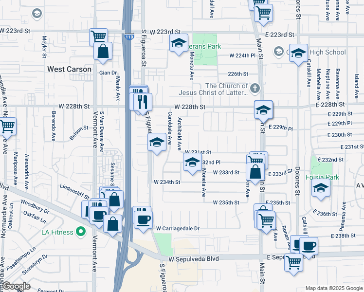 map of restaurants, bars, coffee shops, grocery stores, and more near 23054 Archibald Avenue in Carson