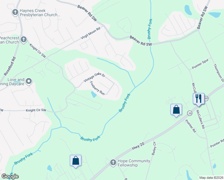 map of restaurants, bars, coffee shops, grocery stores, and more near 4306 Foxberry Run in Loganville