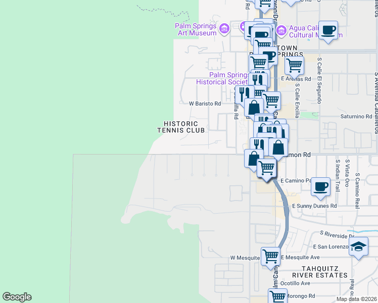 map of restaurants, bars, coffee shops, grocery stores, and more near 650 West Ramon Road in Palm Springs