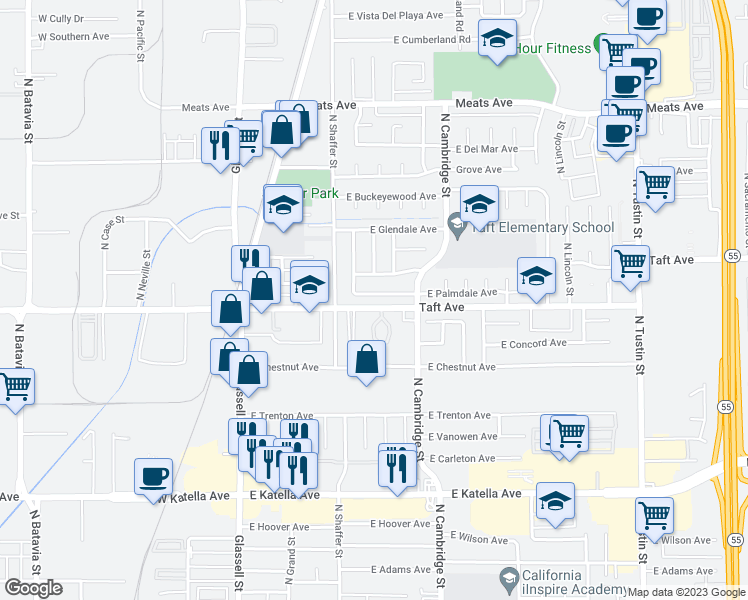 map of restaurants, bars, coffee shops, grocery stores, and more near 626 East Palmdale Avenue in Orange