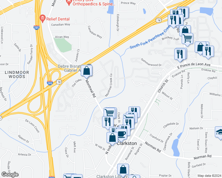 map of restaurants, bars, coffee shops, grocery stores, and more near 3609 Montreal Creek Circle in Clarkston
