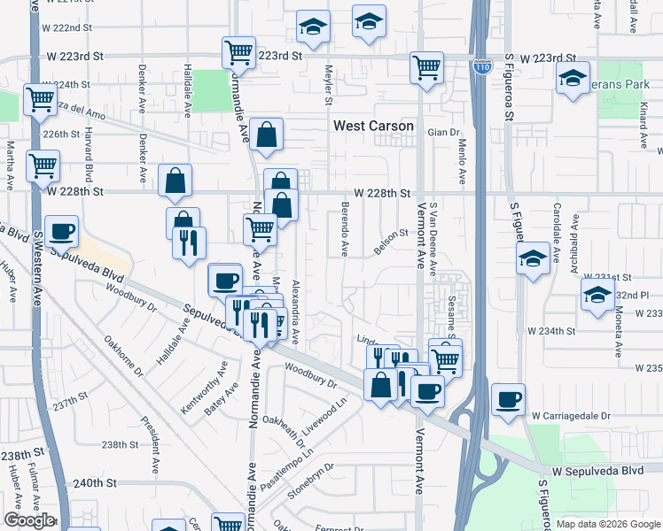 map of restaurants, bars, coffee shops, grocery stores, and more near 23108 Meyler Avenue in Torrance