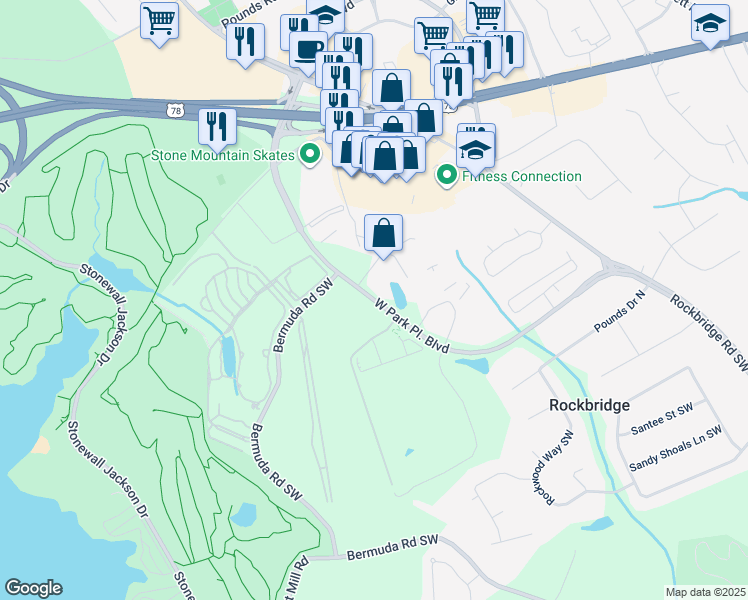 map of restaurants, bars, coffee shops, grocery stores, and more near West Park Place Boulevard in Gwinnett County