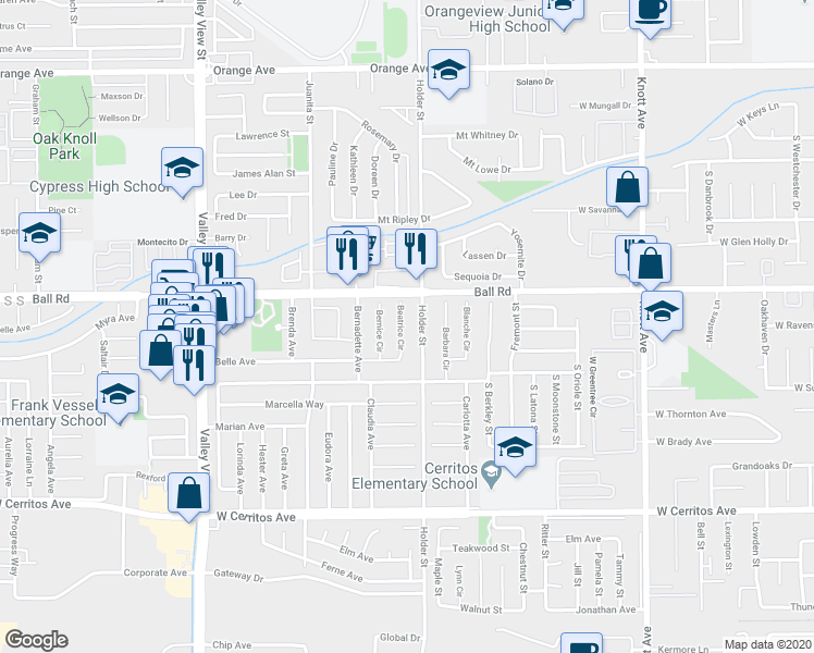 map of restaurants, bars, coffee shops, grocery stores, and more near 10062 Beatrice Circle in Buena Park