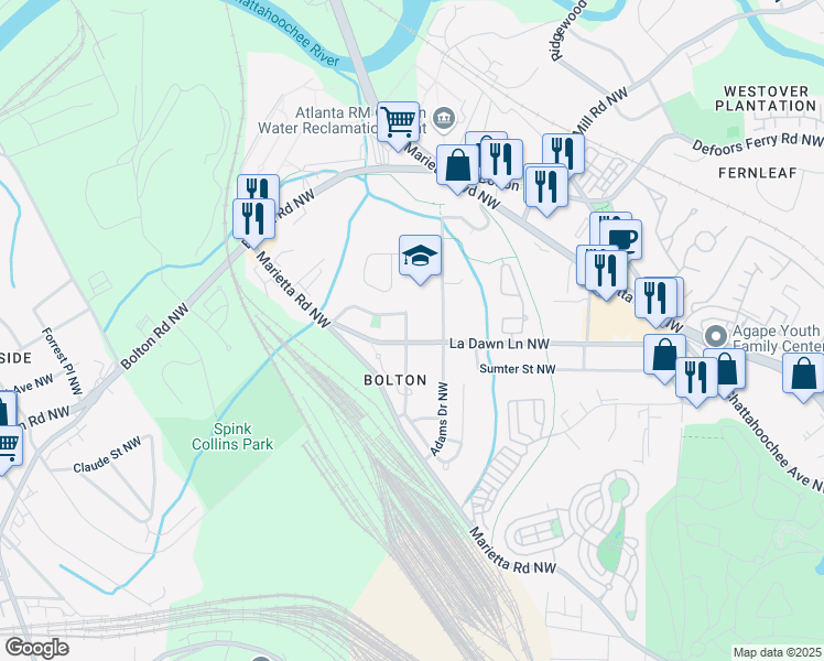 map of restaurants, bars, coffee shops, grocery stores, and more near 2201 Mauldin Street Northwest in Atlanta