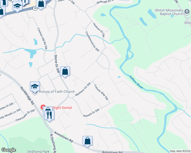 map of restaurants, bars, coffee shops, grocery stores, and more near 4816 Mystere Circle Southwest in Lilburn