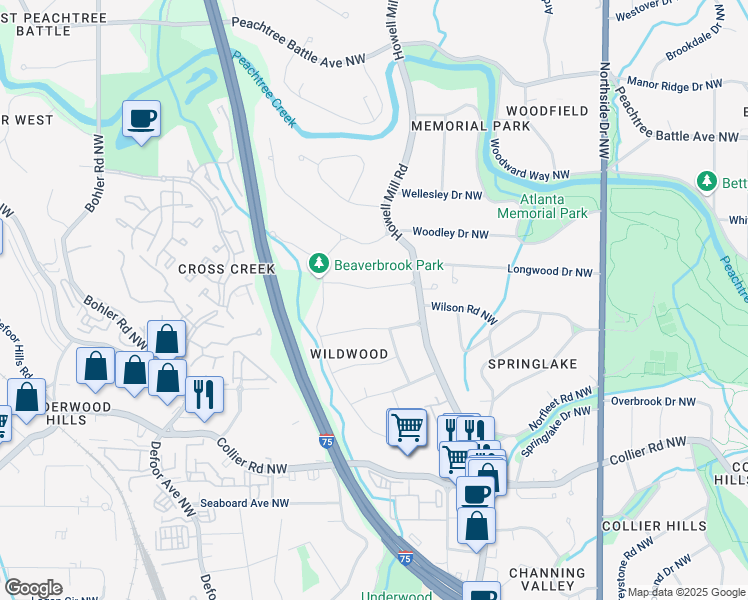map of restaurants, bars, coffee shops, grocery stores, and more near 878 Beaverbrook Drive Northwest in Atlanta