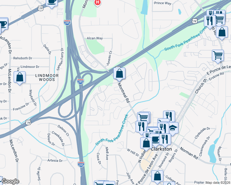 map of restaurants, bars, coffee shops, grocery stores, and more near 3466 Andrew Jackson Drive in Clarkston