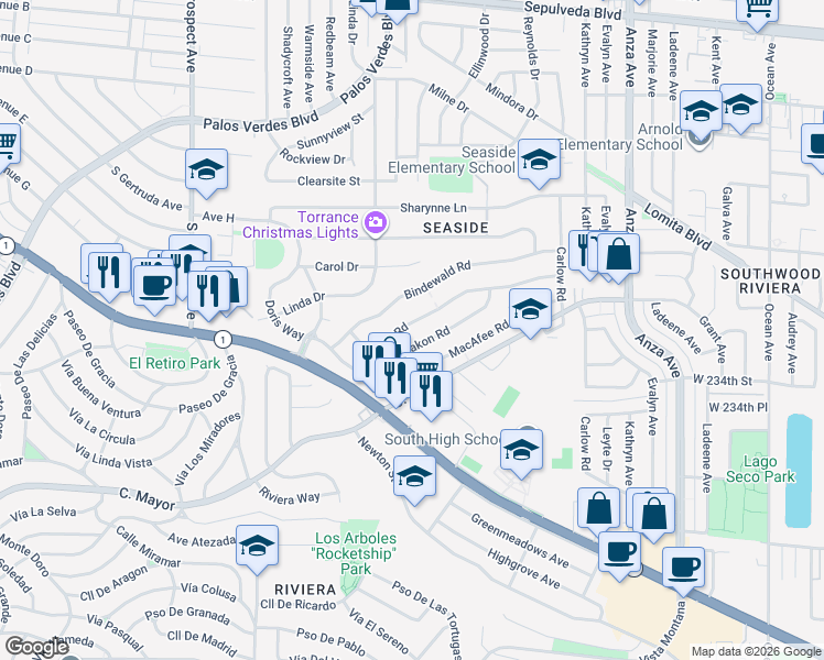 map of restaurants, bars, coffee shops, grocery stores, and more near 5228 Vanderhill Road in Torrance
