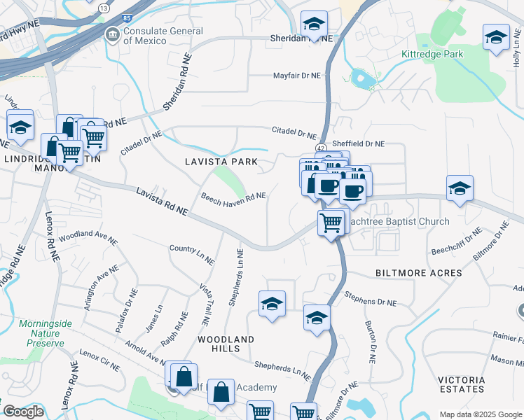map of restaurants, bars, coffee shops, grocery stores, and more near 1248 Bernadette Lane Northeast in Atlanta